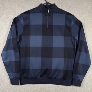 FootJoy 1/4 Zip Pullover Men Medium Blue Plaid Fleece Lined Golf Soft Sweatshirt
